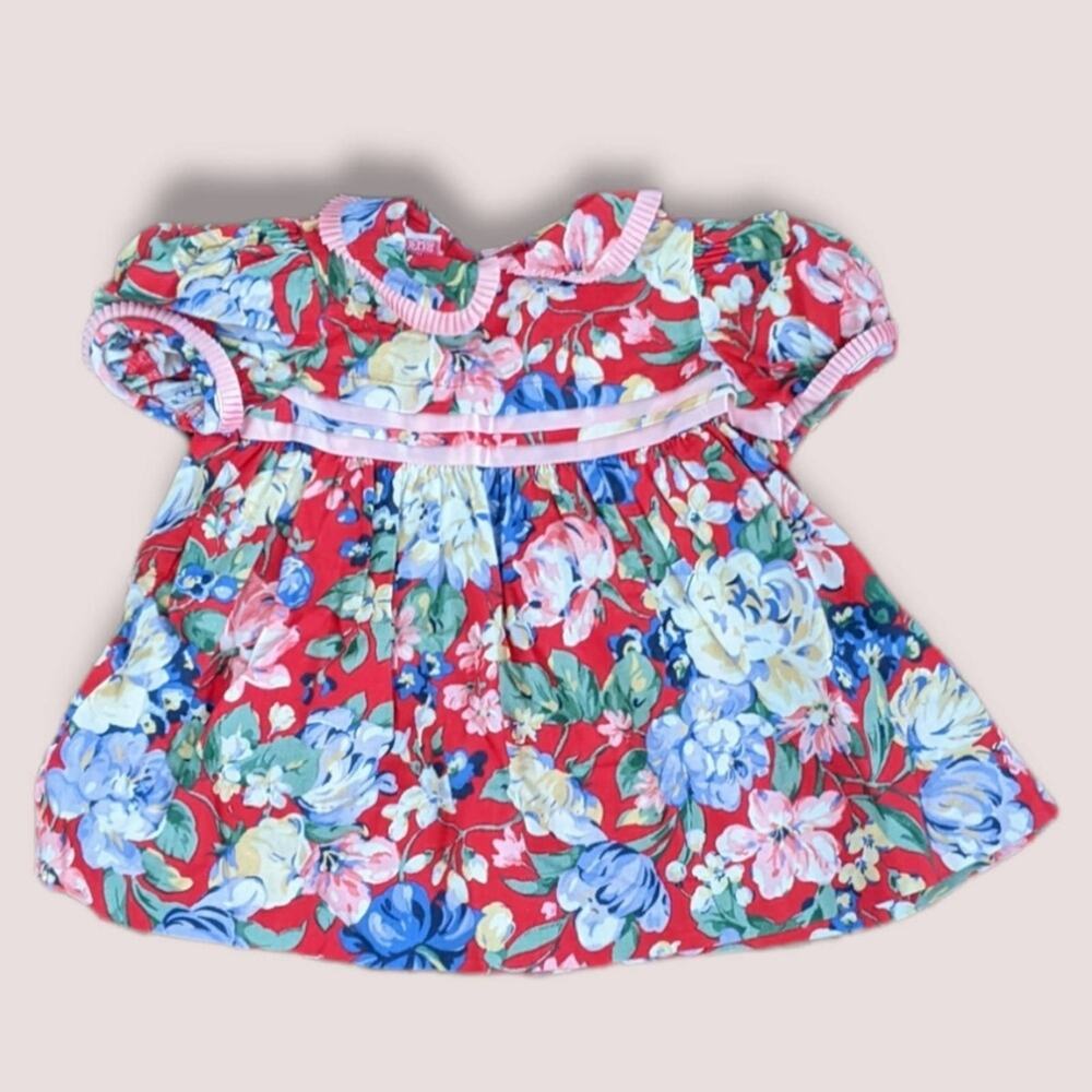 Vintage Girls Polly Flinders 18M 80s Red Pink Floral Babydoll Style Dress EUC